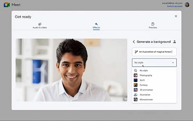 Plugging in a prompt to generate an AI background in Google Meet.