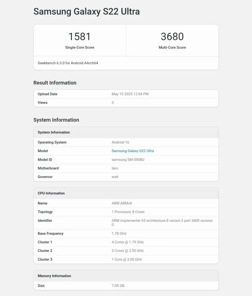 Galaxy S22 Ultra menjalankan One UI 8 di Geekbench