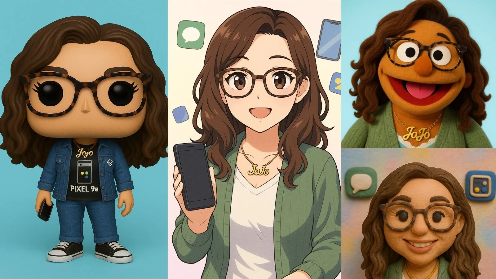 Several AI (ChatGPT) image generation styles based on my profile image (Funko pop, Anime, Muppet, and Claymation)