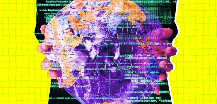 Ilustrasi AI sedang menulis kode pemrograman dengan latar belakang digital