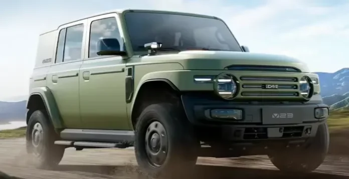 image-1747846142359-6630.webp Desain eksterior Chery iCar V23 Retro Edition dengan warna matte green dan lampu spot