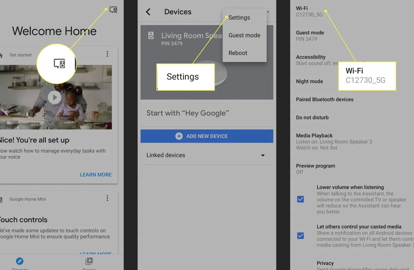 The Device menu, Settings, and Wi-Fi options