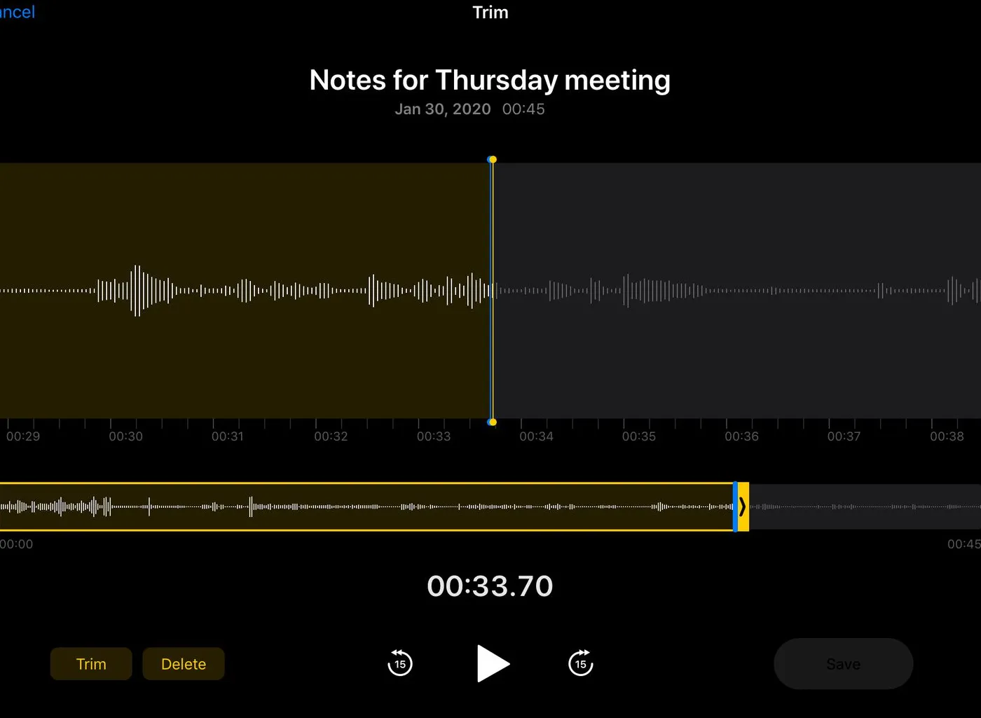 The trim screen of Voice Memos app on iPad