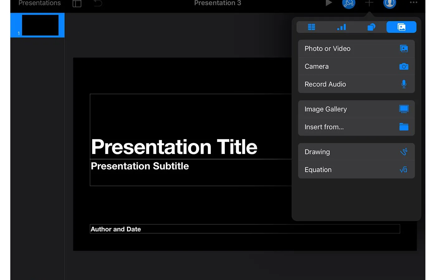 Keynote Record Audio option on drop-down menu