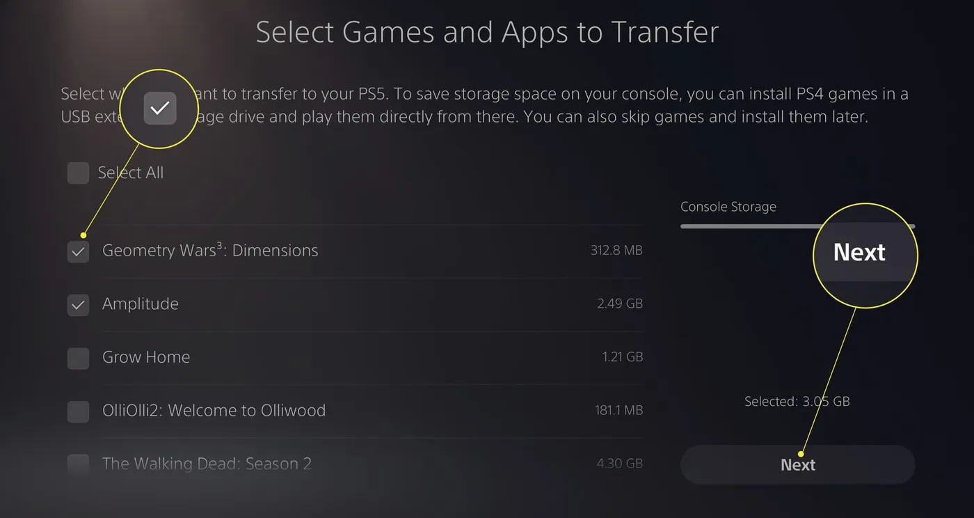 Selecting PS4 games and apps to transfer to PS5 with checkmark and Next highlighted