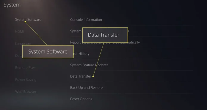 Tampilan menu Data Transfer pada PS5 dengan opsi System Software dan Data Transfer yang disorot