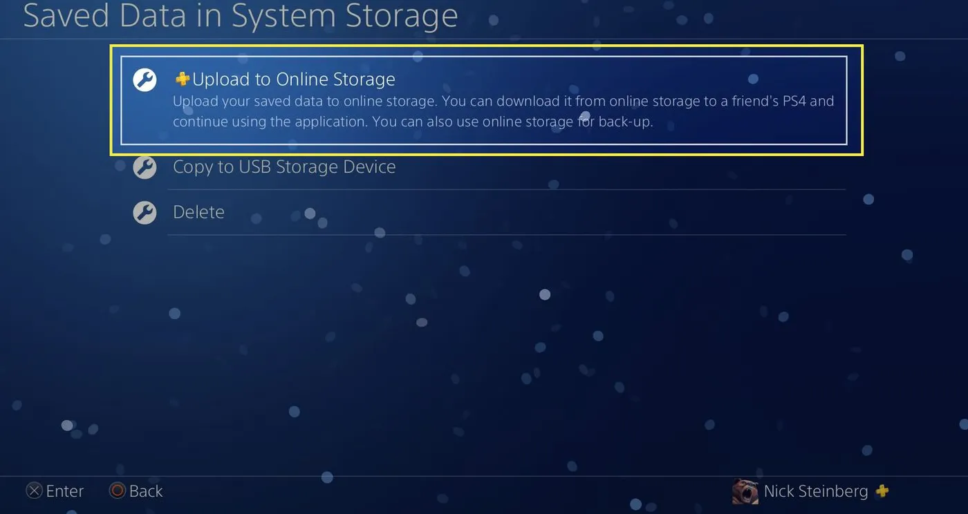 Uploading PS4 saved data to Cloud Storage with Upload to Online Storage highlighted