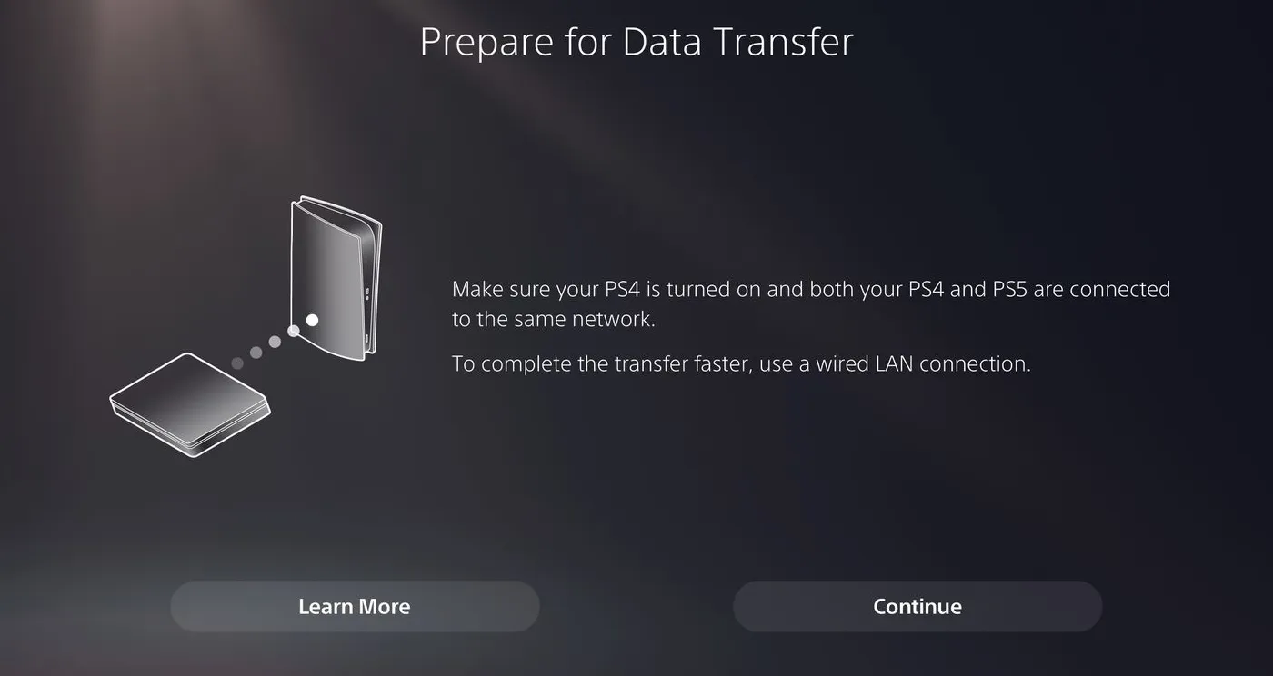 PS5 Data Transfer feature searching for PS4 console.