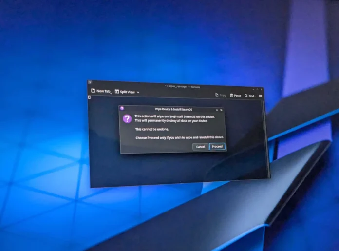 image-1748392206873-1690.webp Tampilan peringatan SteamOS sebelum penghapusan data di perangkat handheld