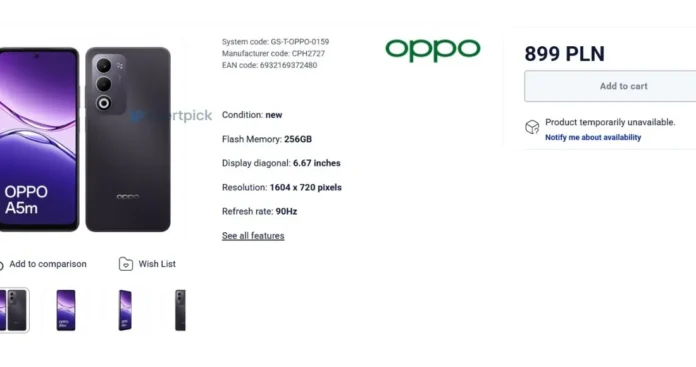 image-1748503184695-3146.webp Tampilan depan Oppo A5m dengan layar lebar dan desain modern