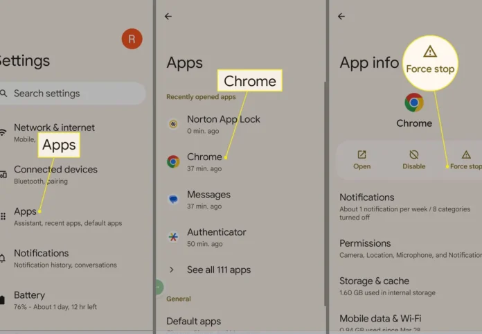 image-1748514766891-7477.webp Tampilan menu Aplikasi, Chrome, dan Hentikan Paksa di Pengaturan Android