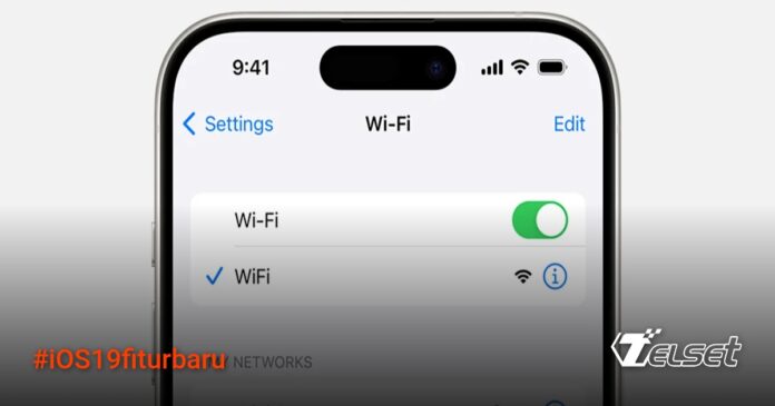 Ilustrasi perangkat Apple terhubung ke jaringan Wi-Fi dengan logo iOS 19