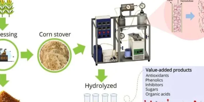 Ilustrasi proses teknologi hijau mengubah limbah jagung menjadi bahan bernilai tinggi