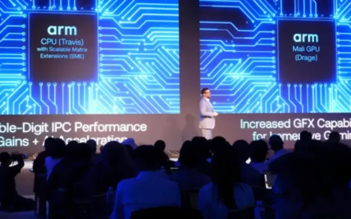 image-1750221060155-826.webp Ilustrasi konsep ARM Travis Core dengan grafik peningkatan performa