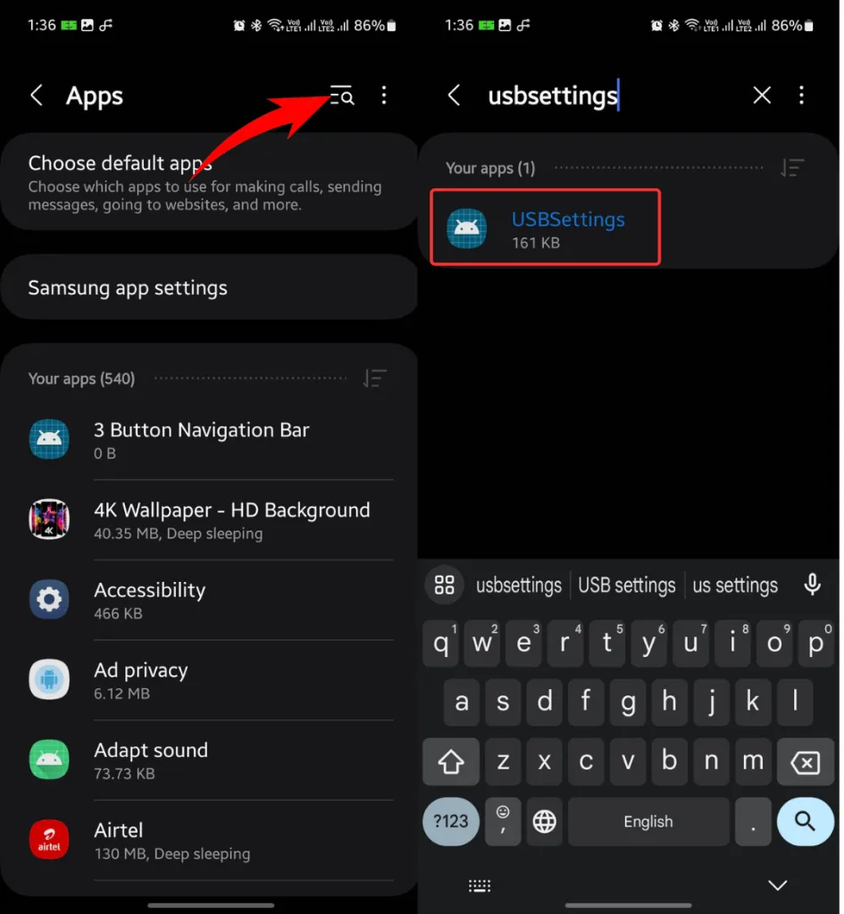 Menu USBSettings di Samsung