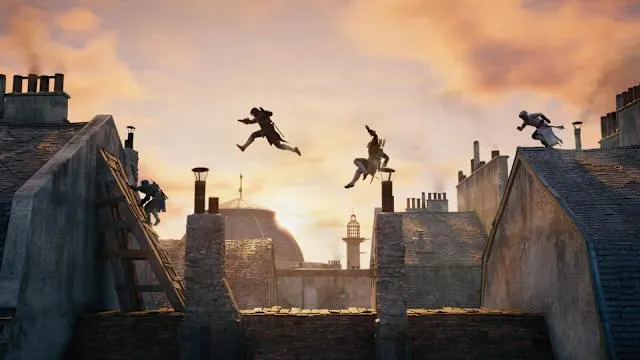 Assassin's leaping across rooftops in a historical setting