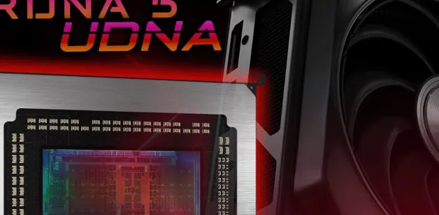 image-1752979536817-8150.webp Close-up of RDNA 5 UDNA graphics card with chip detail and cooling fan