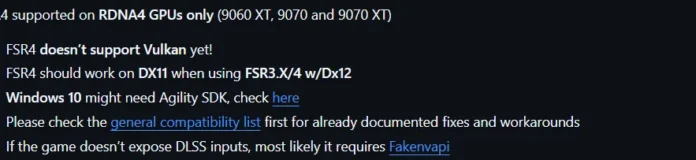 image-1753074575950-6196.webp FSR4 didukung pada GPU RDNA4, tidak ada dukungan Vulkan, DX11 membutuhkan FSR3.X/4, Windows 10 perlu Agility SDK