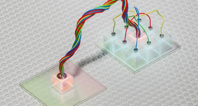 Ilustrasi teleportasi kuantum dan transfer data melalui sistem kuantum terbelit