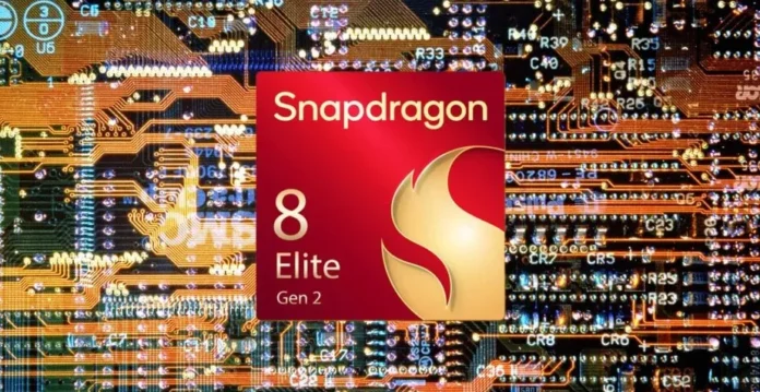 Ilustrasi chipset Qualcomm Snapdragon 8 Elite Gen 2 dengan latar belakang teknologi futuristik
