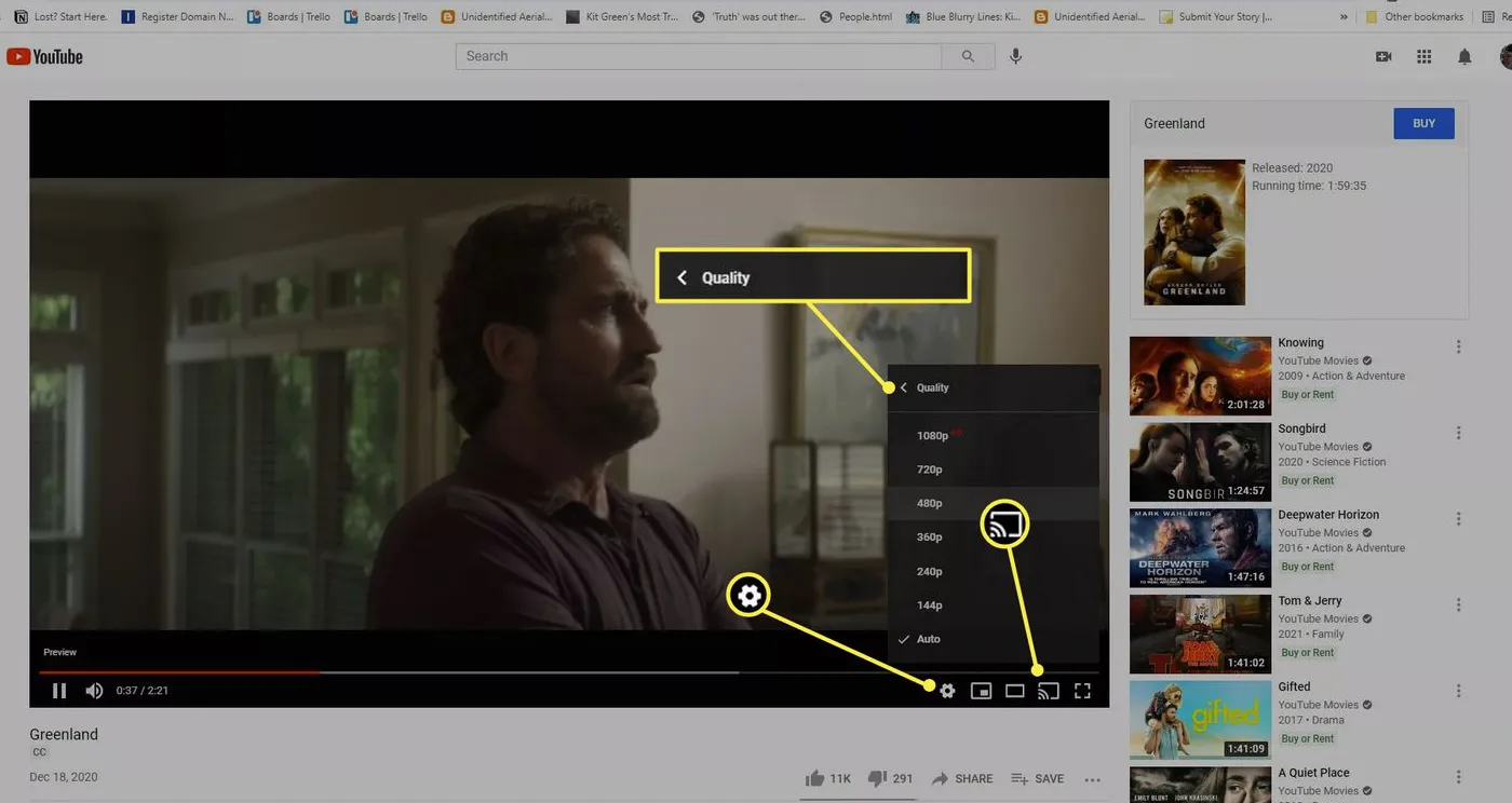 Menurunkan kualitas video YouTube dari menu Pengaturan Kualitas.