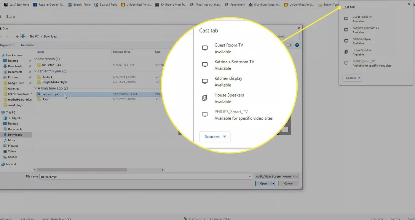 Memilih file video untuk dikirim ke perangkat Chromecast yang tersedia.