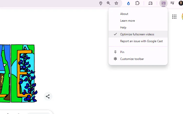 Opsi 'Optimize fullscreen videos' dipilih di menu Cast Chrome.