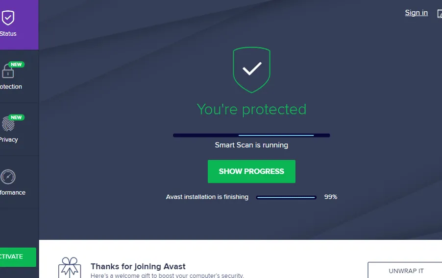 Avast Free Antivirus program in Windows 7