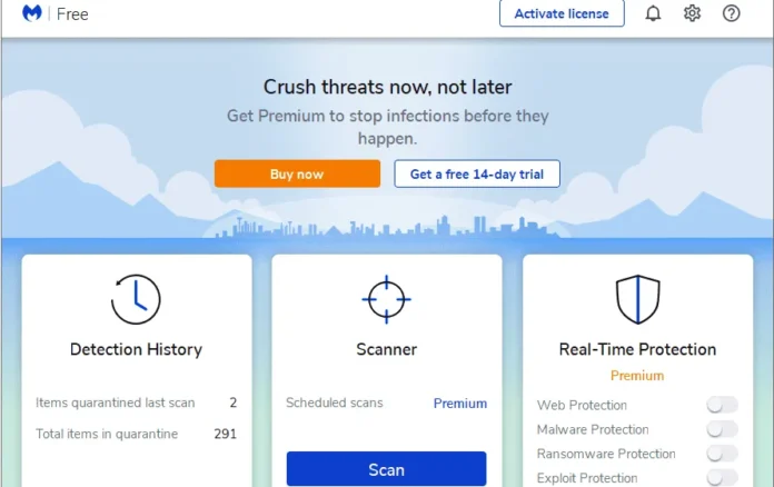 image-1753589583164-7066.webp Screenshot antarmuka Malwarebytes Free scanner di Windows 10