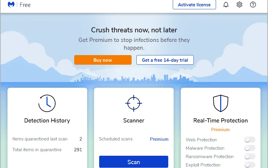 Screenshot of the Malwarebytes Free scanner in Windows 10