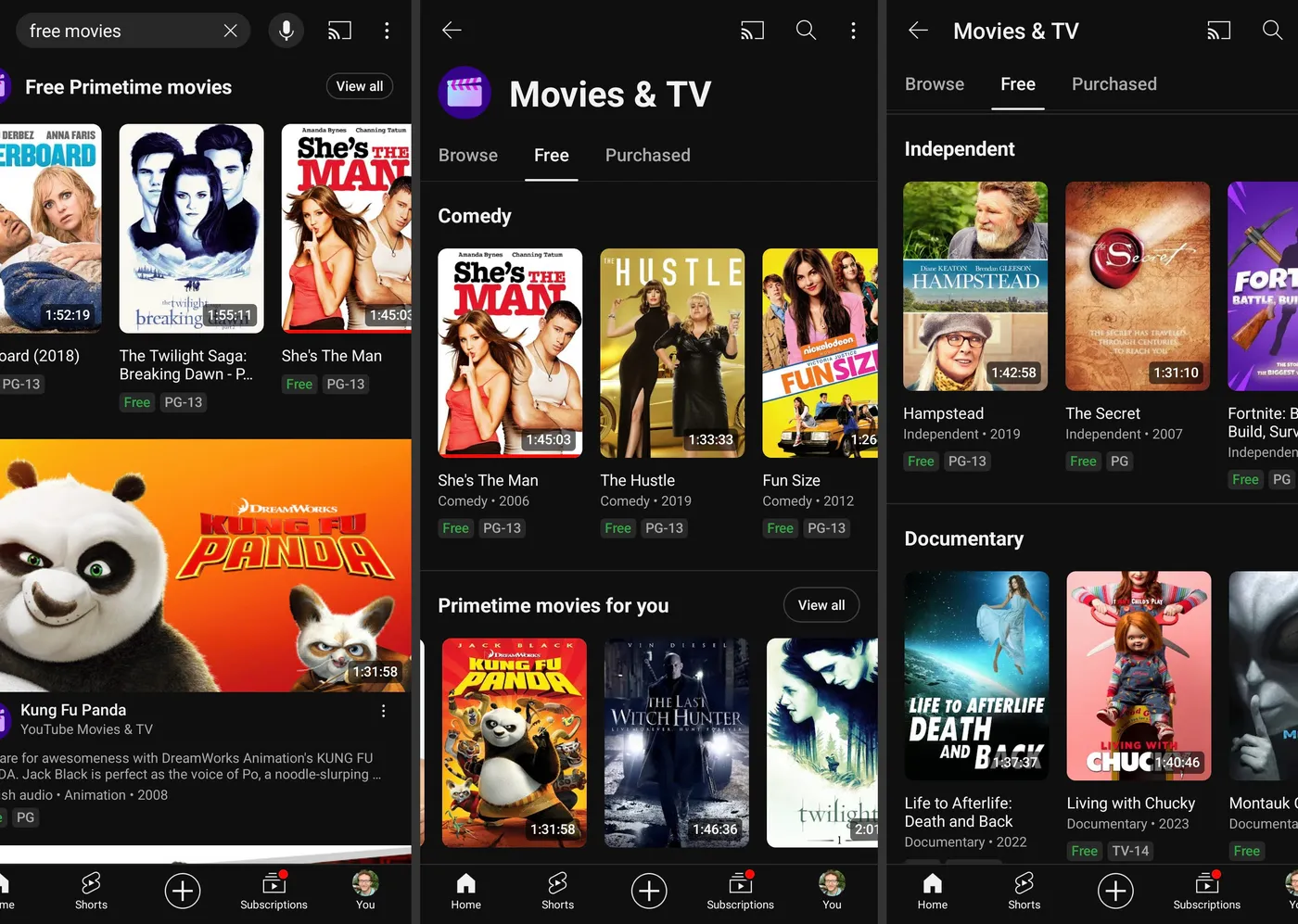 Free movies on the Android YouTube app