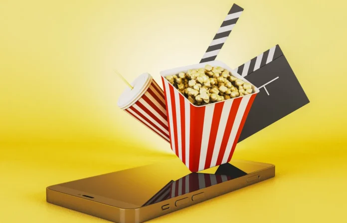 Koleksi aplikasi streaming film gratis terbaik di smartphone dengan background kuning
