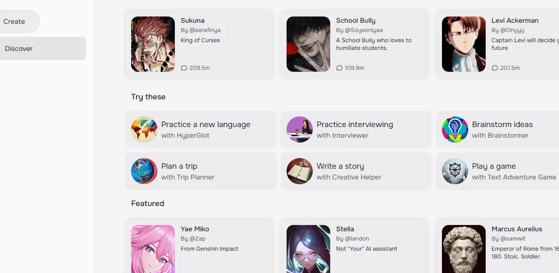 Chatbots available at Character.AI