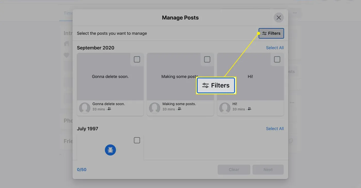 Tombol filter di jendela Manage Posts