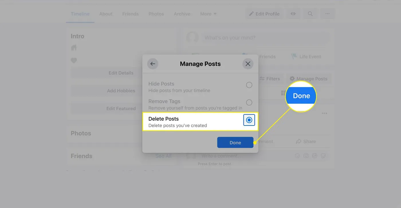 Opsi Delete Posts dan tombol Done