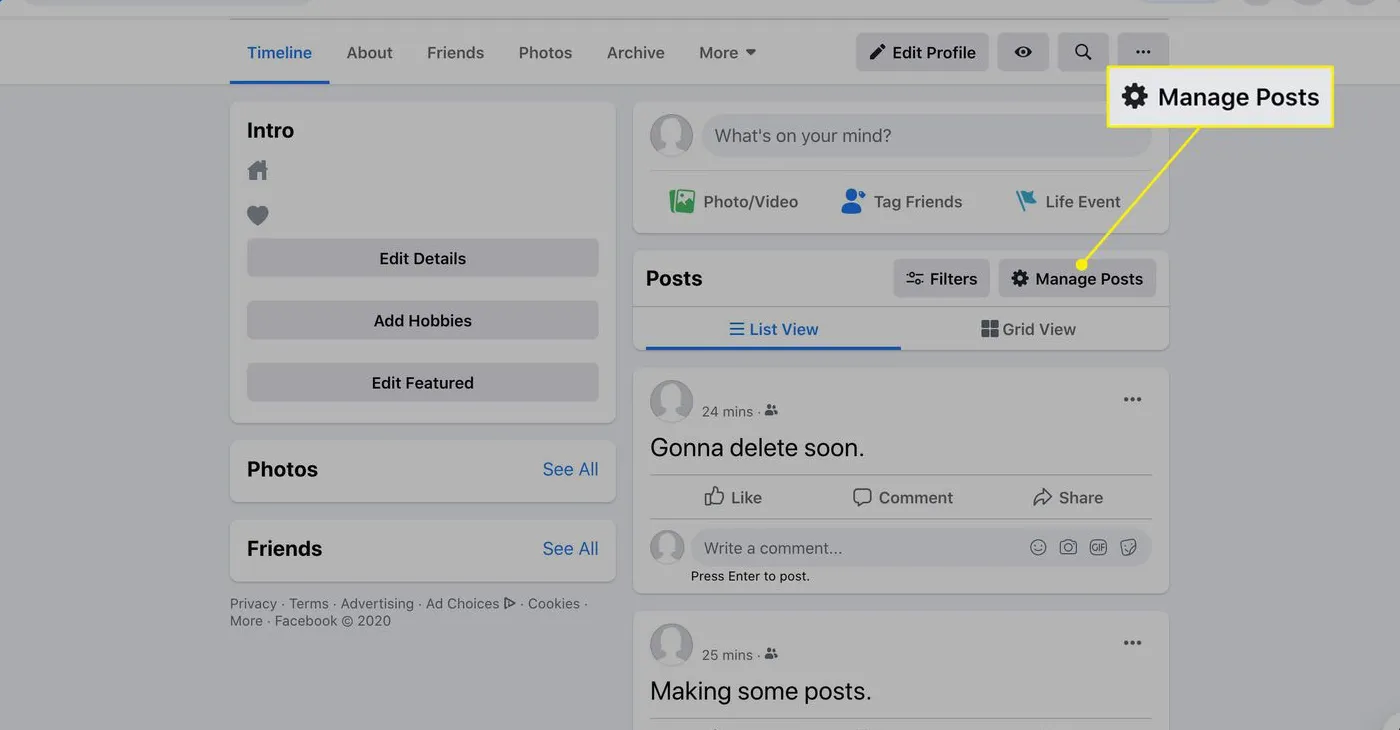 Tombol Manage Posts di Facebook