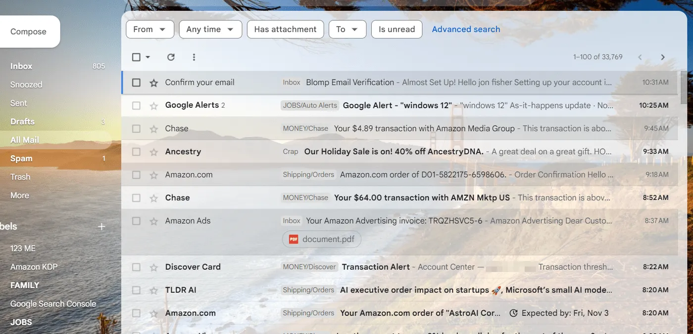 Gmail's All Mail folder displaying a list of emails