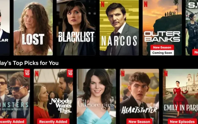 Antarmuka utama Netflix dengan berbagai rekomendasi konten