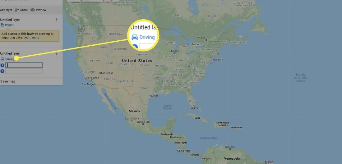 Selecting transportation mode in Google My Maps.