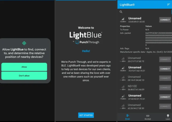 image-1753914805075-2403.webp Tampilan aplikasi LightBlue sedang memindai perangkat Bluetooth di sekitarnya