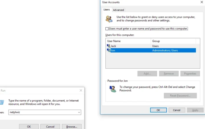 Tampilan jendela User Accounts dan Run box di Windows 10 untuk pengaturan auto login