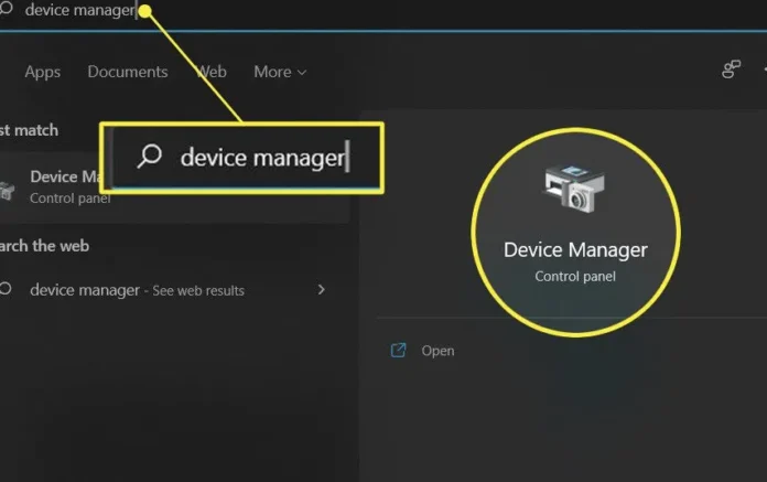 image-1753923734488-6443.webp Windows Start menu dengan Device Manager yang disorot dalam hasil pencarian