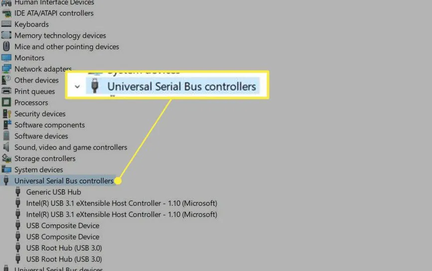 Device Manager dengan kategori Universal Serial Bus controllers yang diperluas dan disorot
