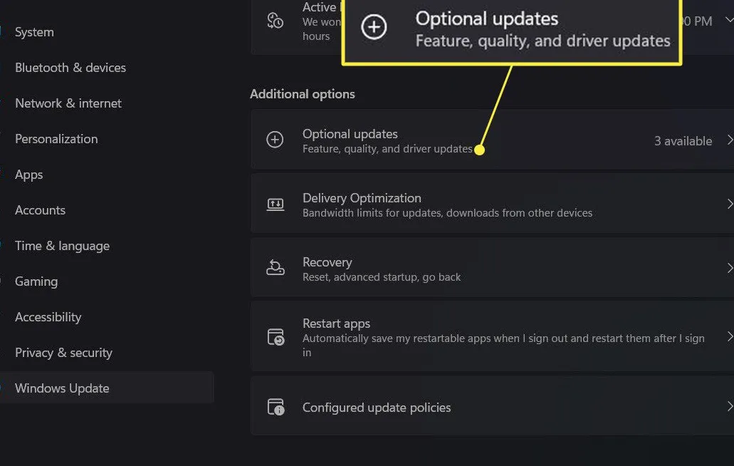 Windows Update dengan Optional Updates yang disorot