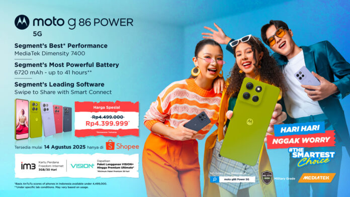 Moto G86 Power 5G Resmi Dirilis dengan Harga Spesial Rp4,3 Juta di Shopee Moto G86 Power 5G Resmi Dirilis dengan Harga Spesial Rp4,3 Juta di Shopee