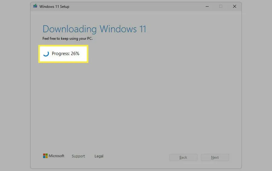 The Windows 11 download progress highlighted.