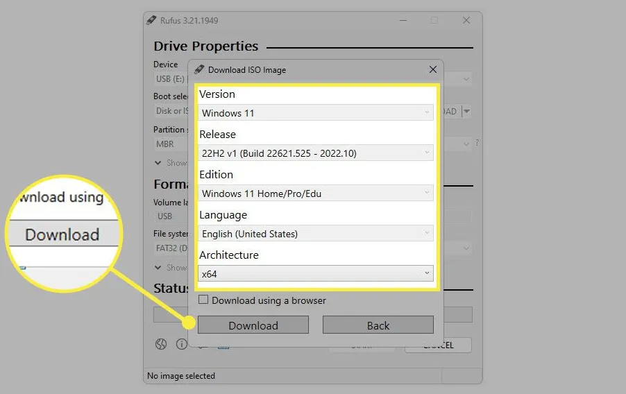 Rufus download ISO image prompt for Windows 11 highlighted.