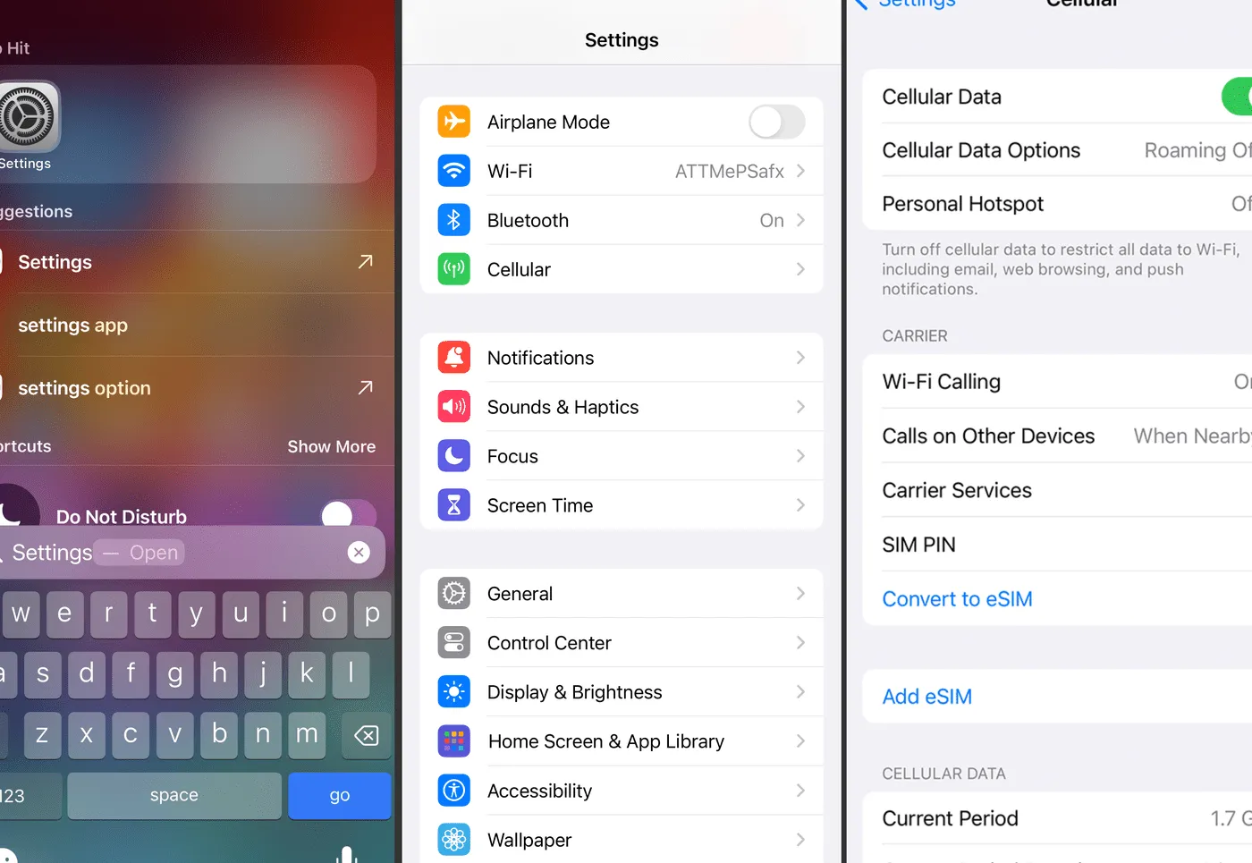The Settings and Cellular screens on an iPhone