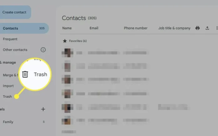 Menu Trash yang disorot di Google Contacts