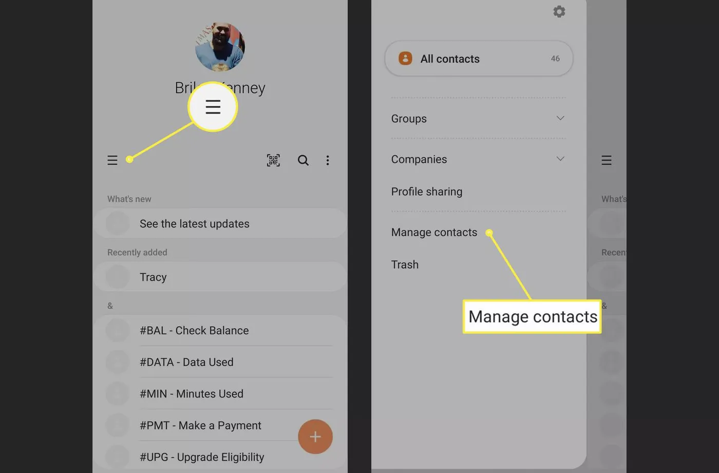 Aplikasi Kontak Samsung dengan menu dan 'Manage contacts' yang disorot